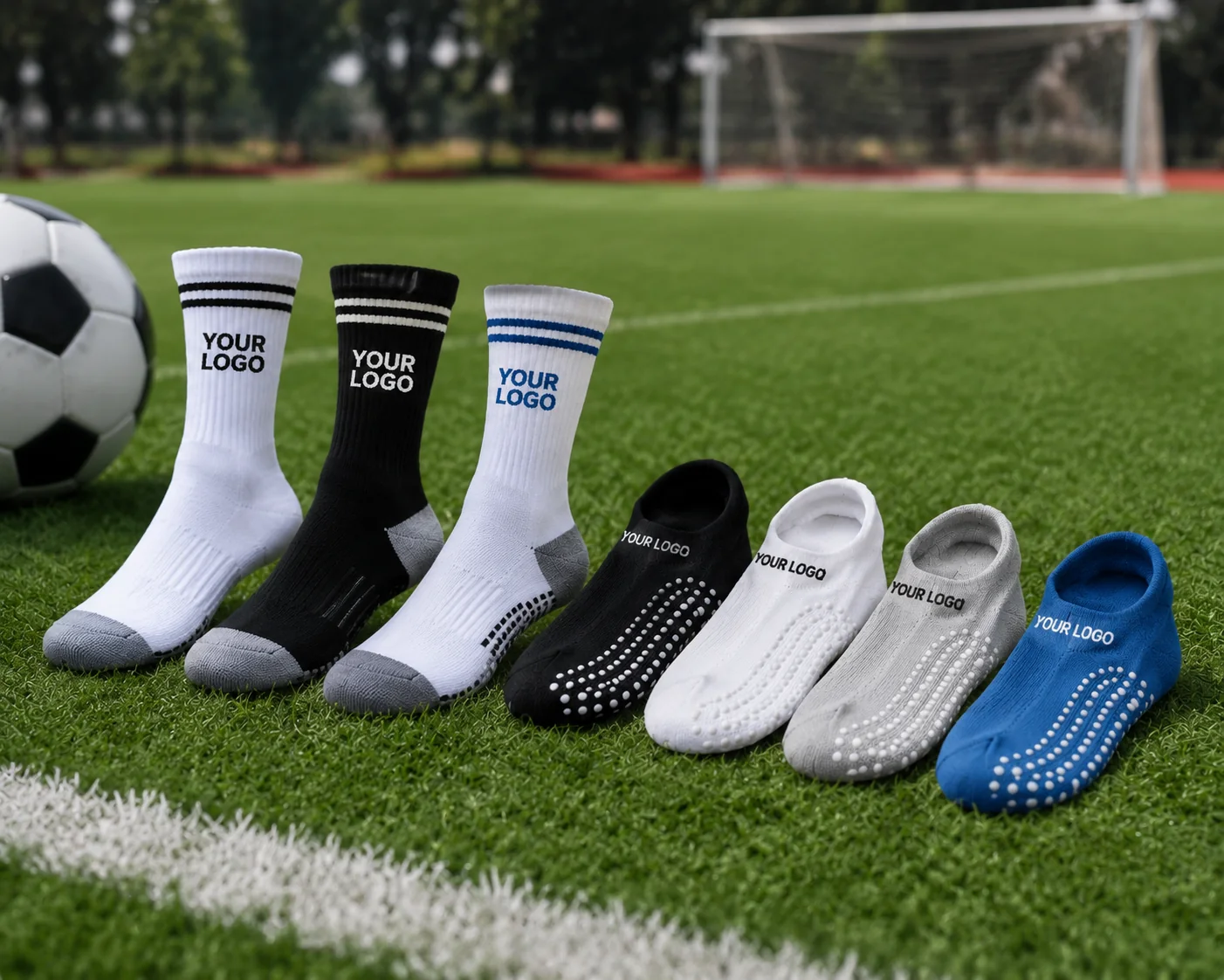 Custom football and training grip socks displayed on a football field