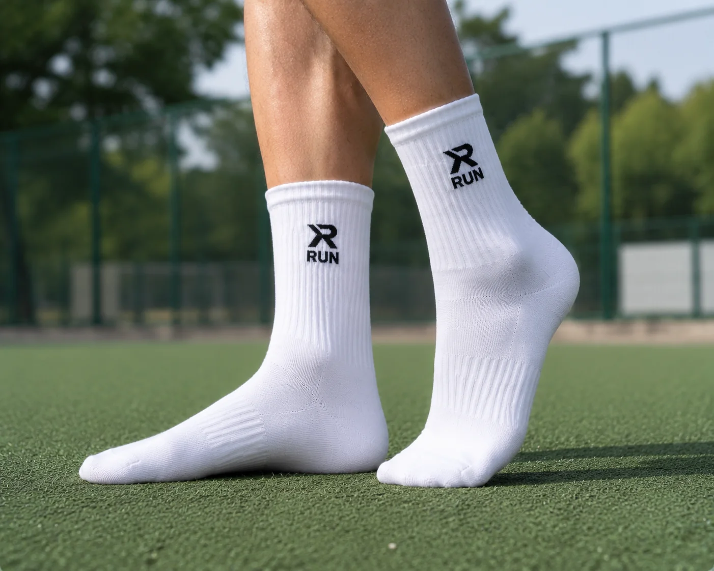 Custom sports socks worn on an outdoor training court